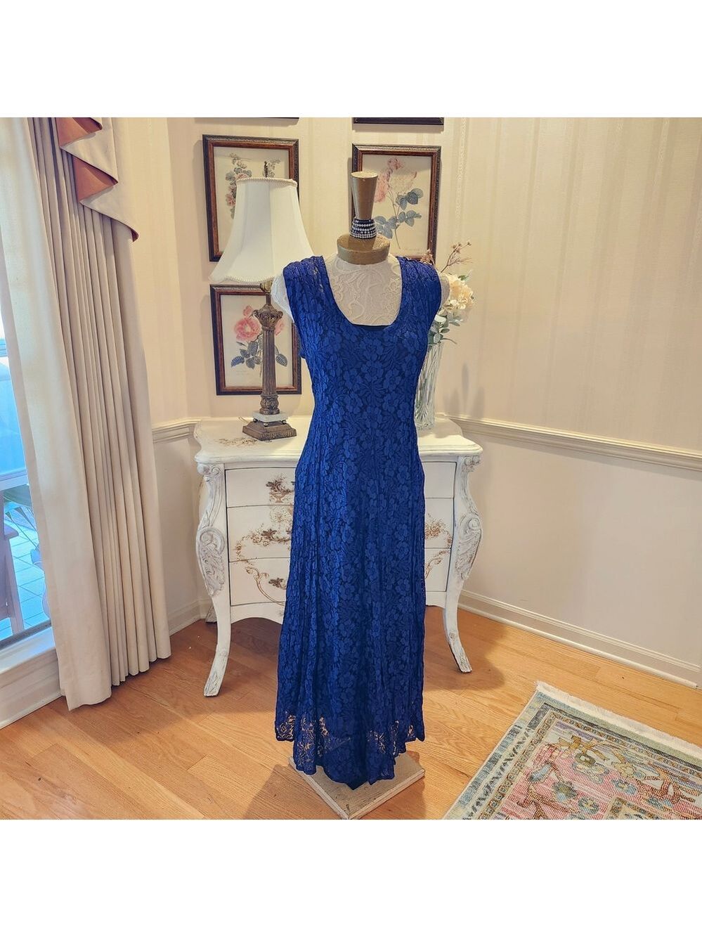 Lola P Romantic Midnight Blue Lace Maxi Dress L
